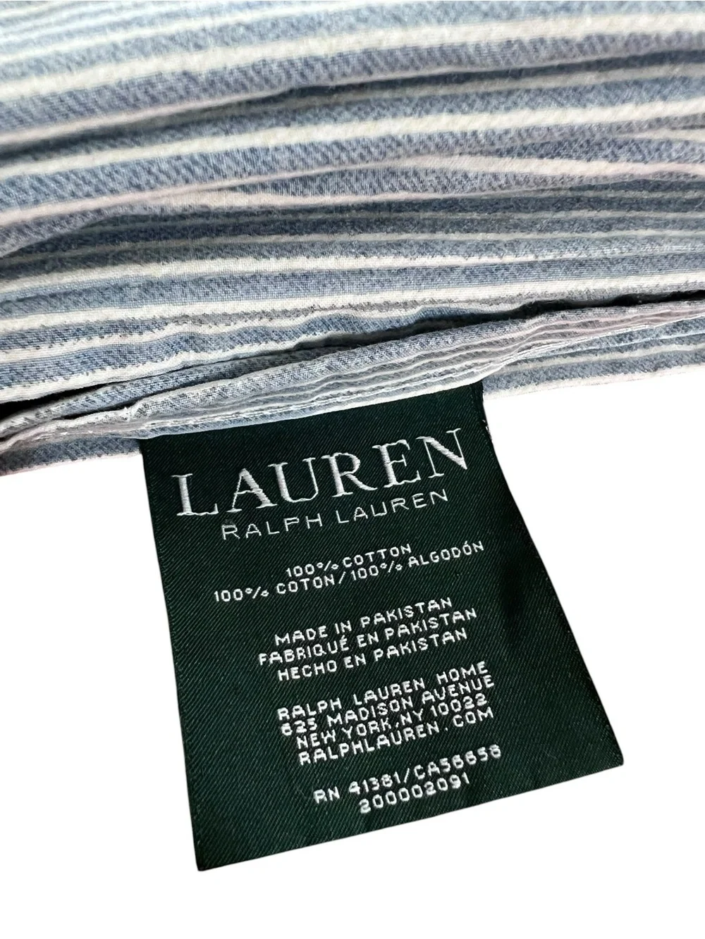 Lauren Ralph Lauren QUEEN Flat Sheet Blue White Chambray Stripe Farmhouse